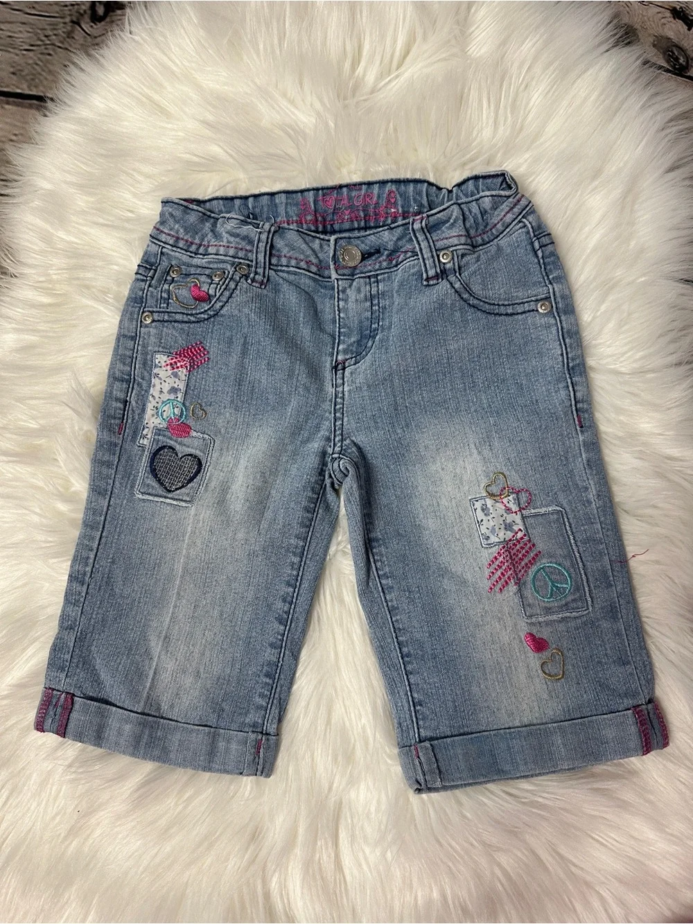 total girl Light Wash Denim Shorts with Pink & Teal Embroidery